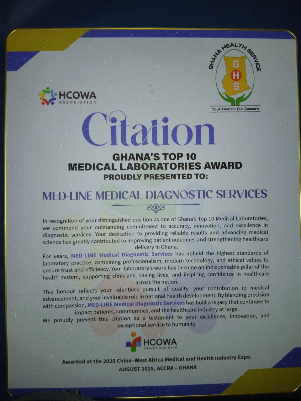 HCOWA Ghana Top 10 Medical Laboratories Citation awarded to MED-LINE